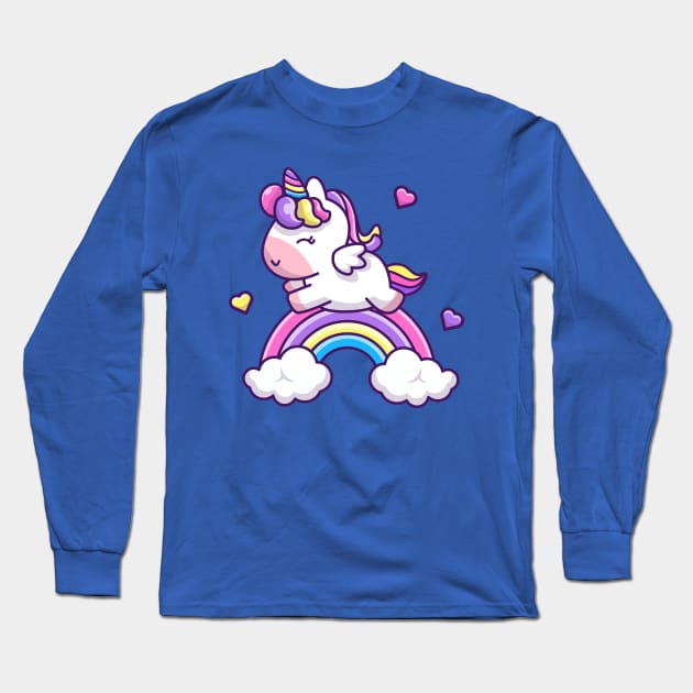 Cute Unicorn With Rainbow Cartoon Long Sleeve T-Shirt by Catalyst Labs